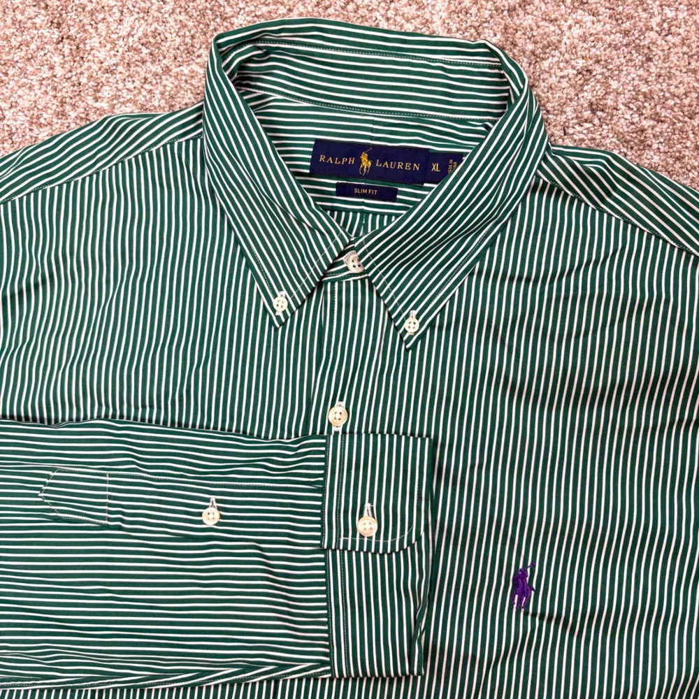 Polo Ralph Lauren Dress Shirt Mens XL Slim Fit Green Stripe Oxford Long Sleeve